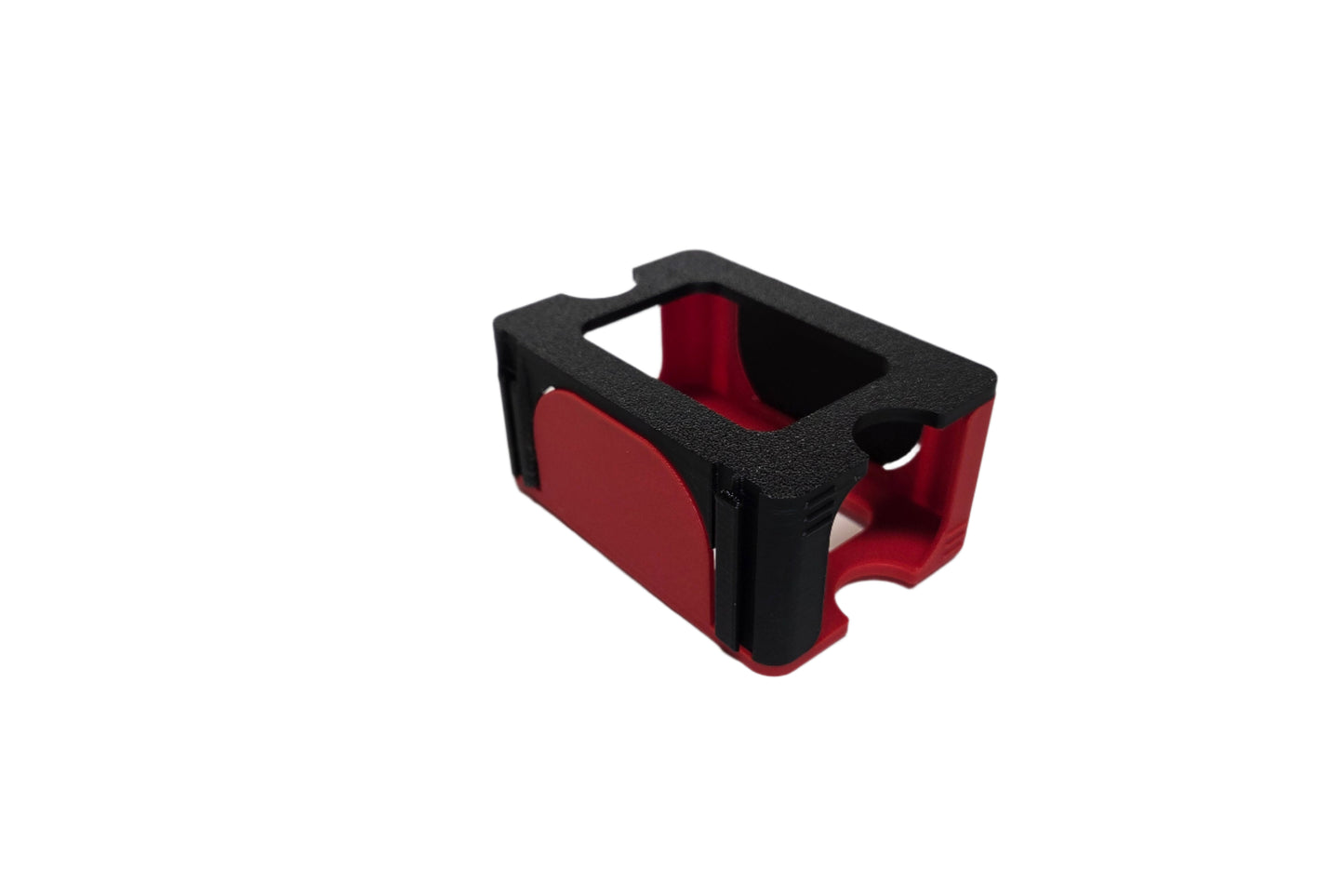 Red and black rectangular deck box on a white background