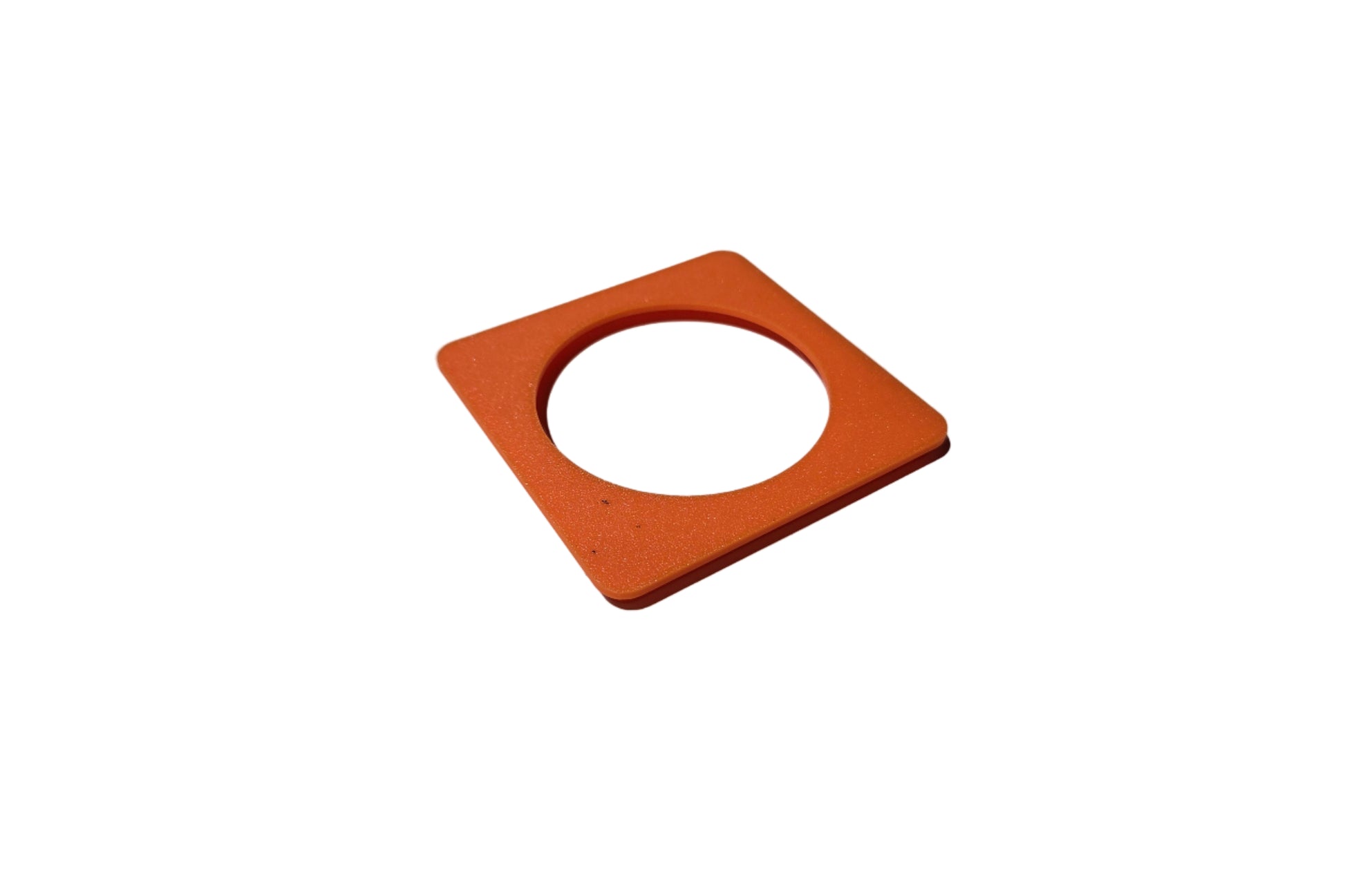 Orange square washer with a circular hole on a white background