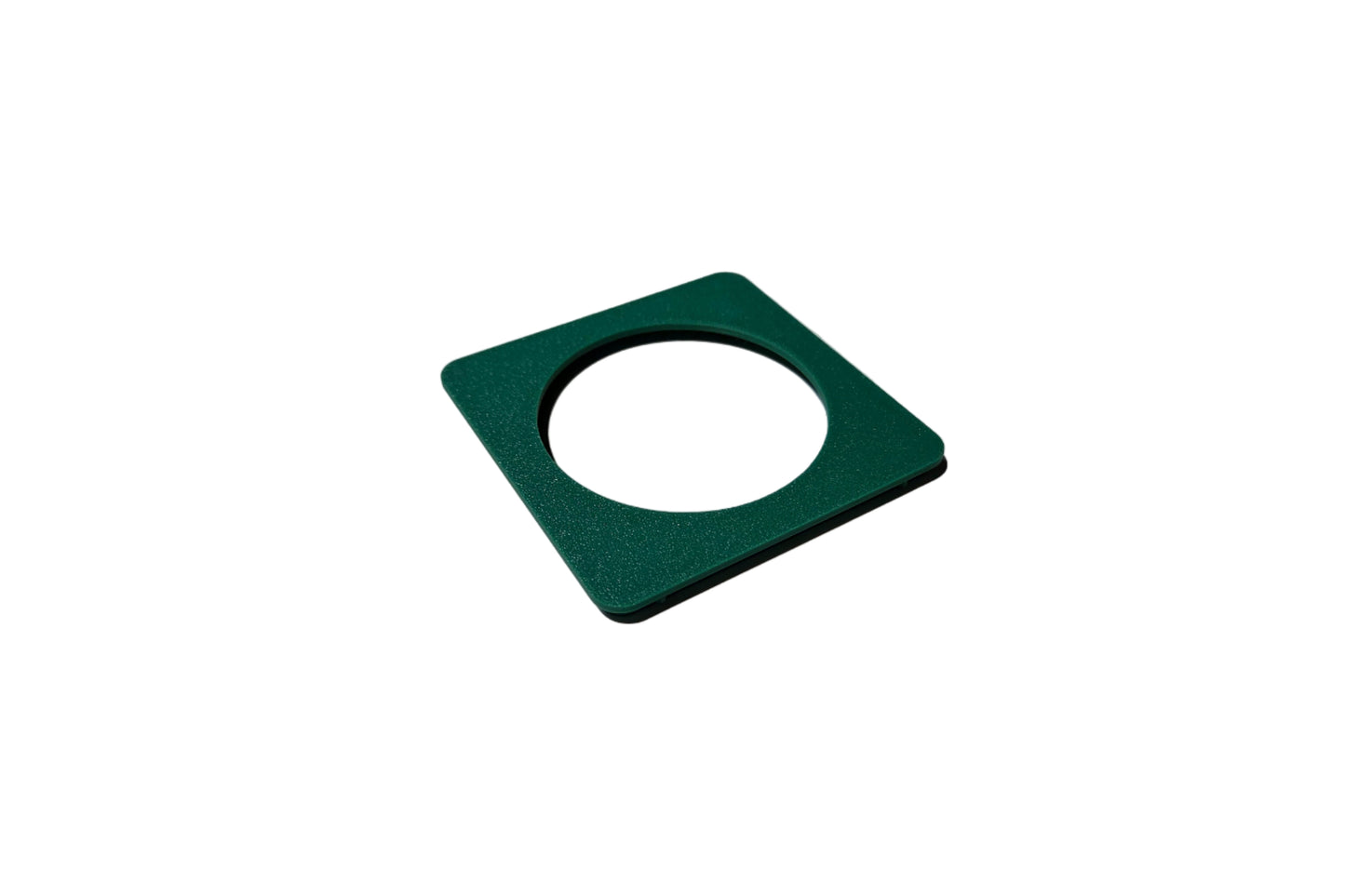 Green square with a circular cutout on a white background